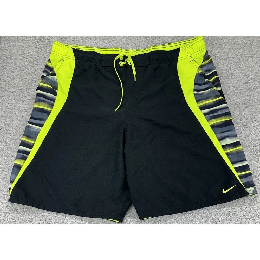 Nike Swim Trunks Mens Adult Medium Black Yellow Drawstring‎ Bathing Suit Shorts